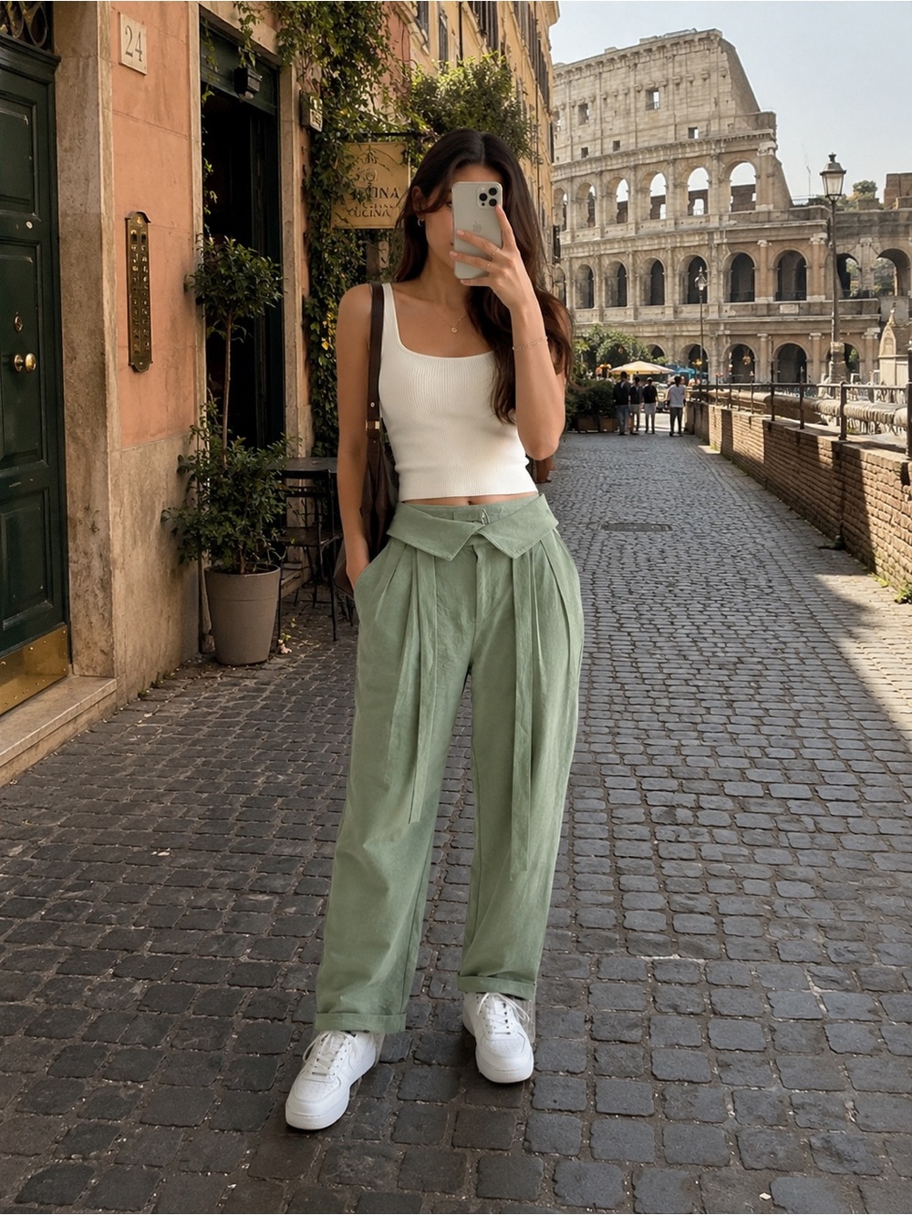 High-Waist Pleated Wide-Leg Pants in Sage Green
